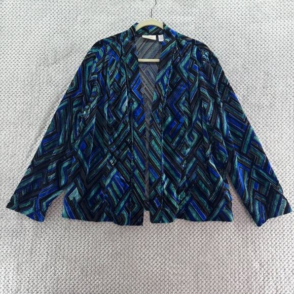 Chicos Cardigan Women 3 XL/16 Blue Abstract Velvet Burn-Out Sheer Open Front - Picture 1 of 13